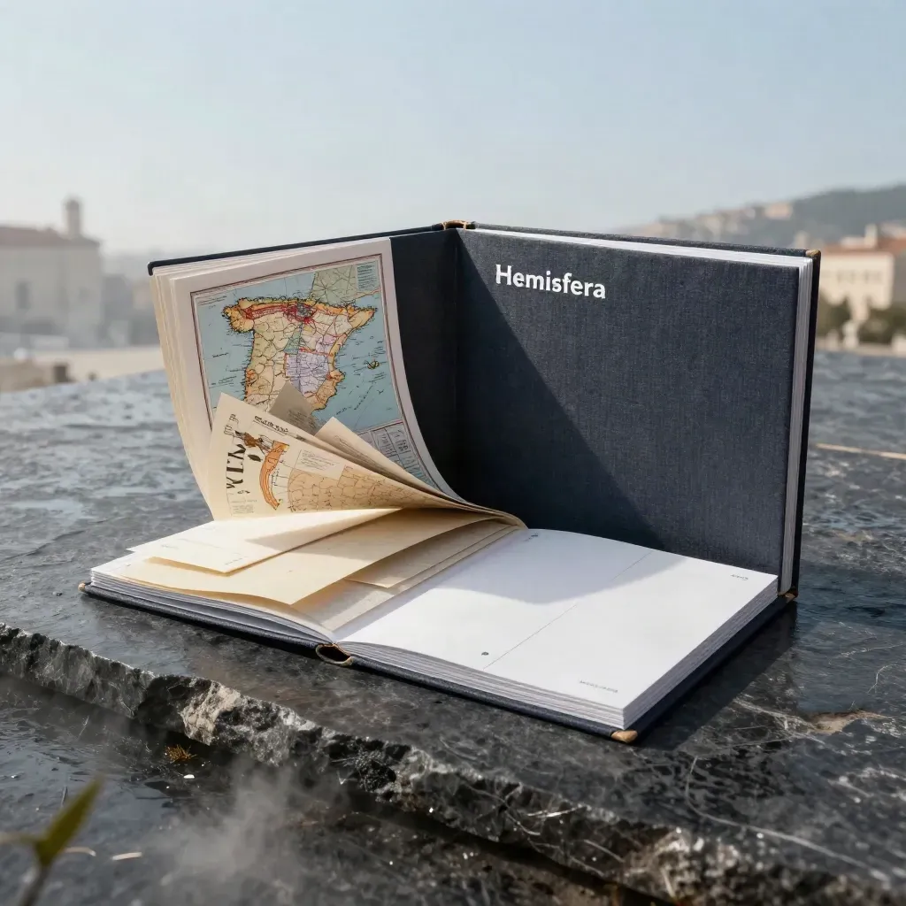 Carpeta de diagnóstico de mercado con atlas de España y fichas sobre una losa oscura.