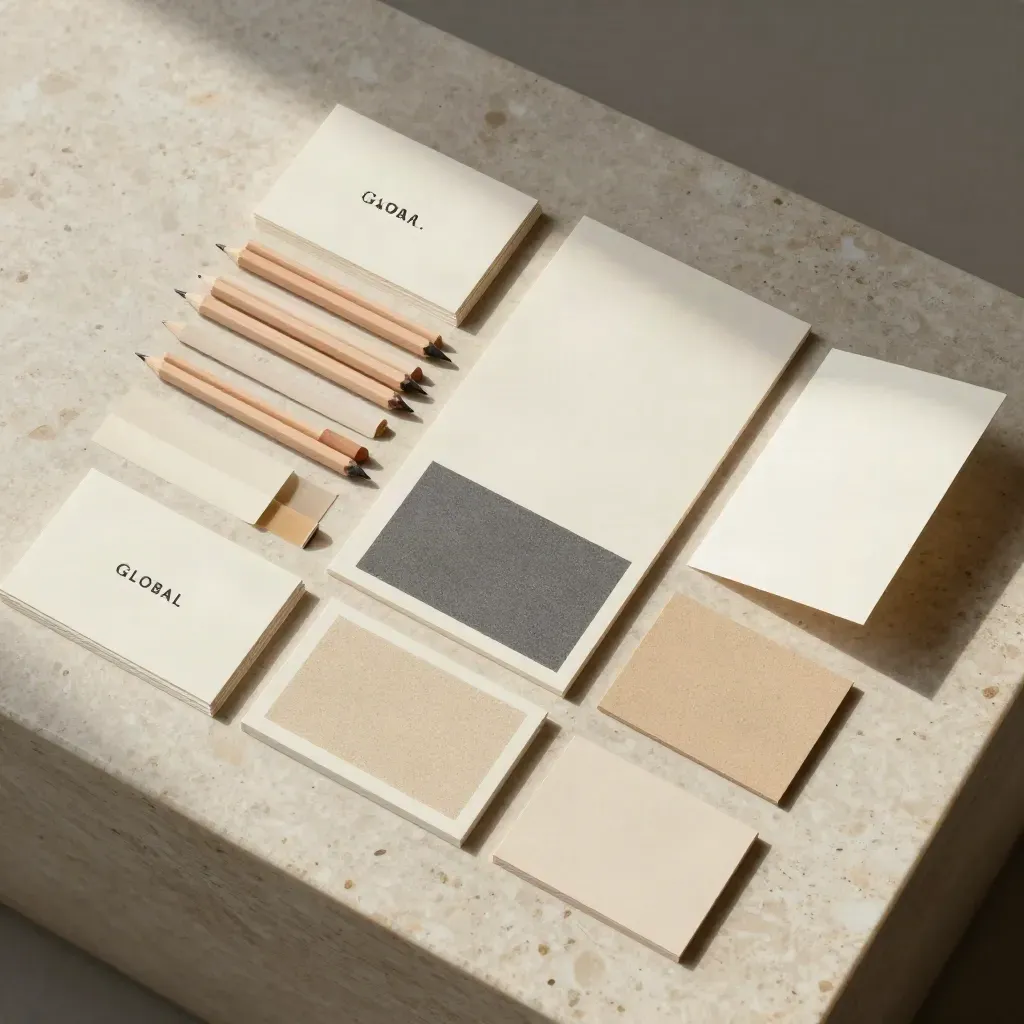 K it de taller de marca global con tarjetas crema, bandas de papel y lápices sobre travertino.