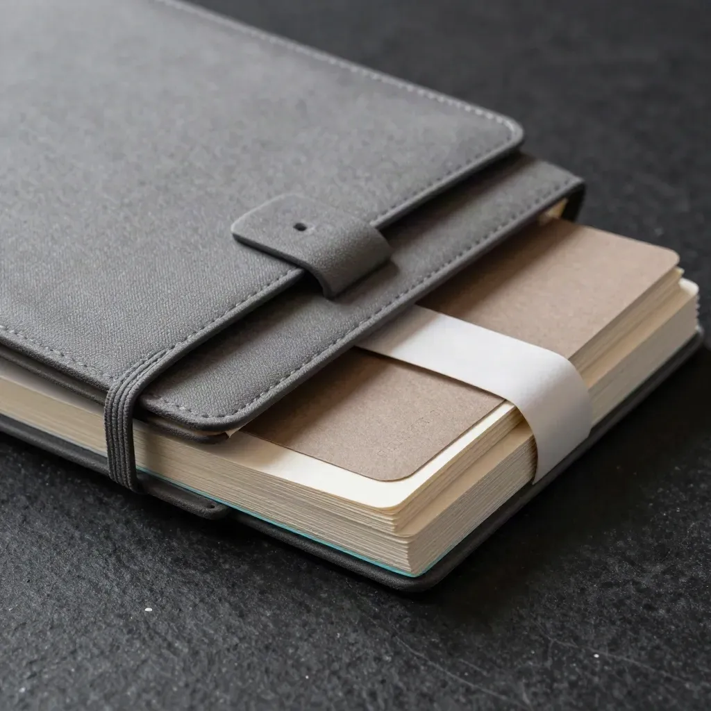 Pack modular de entrada con cuadernos rígidos y tarjetas, sobre mesa oscura con luz dramática.