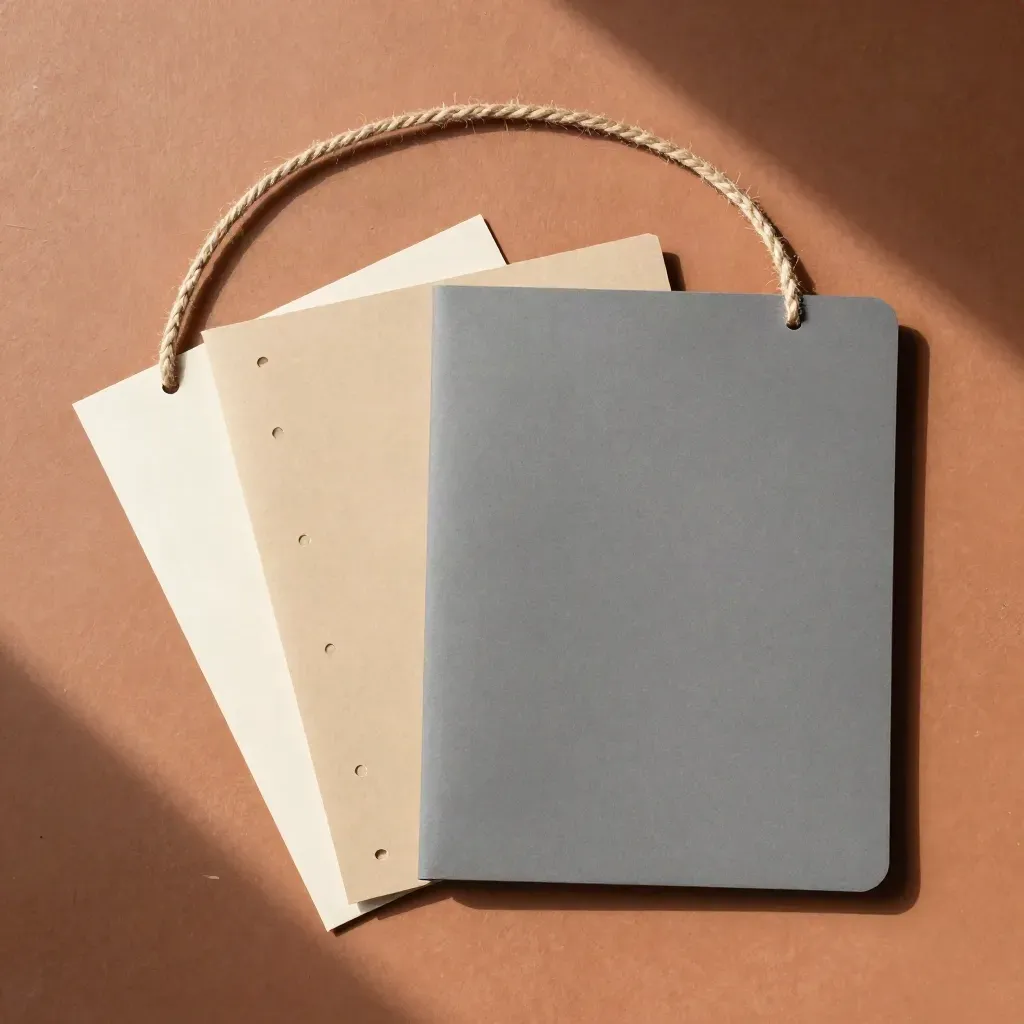Kit ONG global en cenital sobre piedra terracota con cuerda de yute, papeles reciclados y carpeta gris.