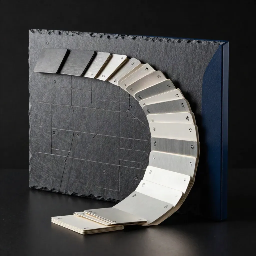 Tablero curvo de fichas metálicas sobre fondo oscuro, con brillo azul marino y tarjetas neutras.