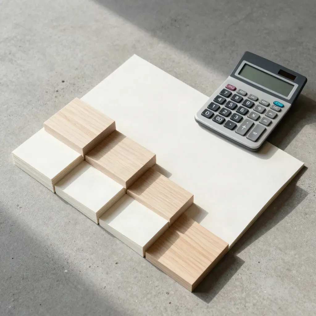 Flatlay cenital de plan de precio local con piezas de papel, madera y calculadora sobre concreto.