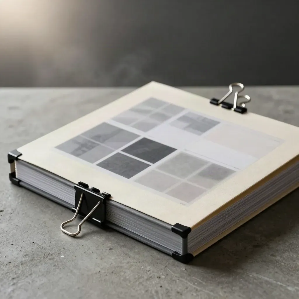 Informe de competencia cerrado con fichas abstractas y carpeta sobria sobre hormigón gris.