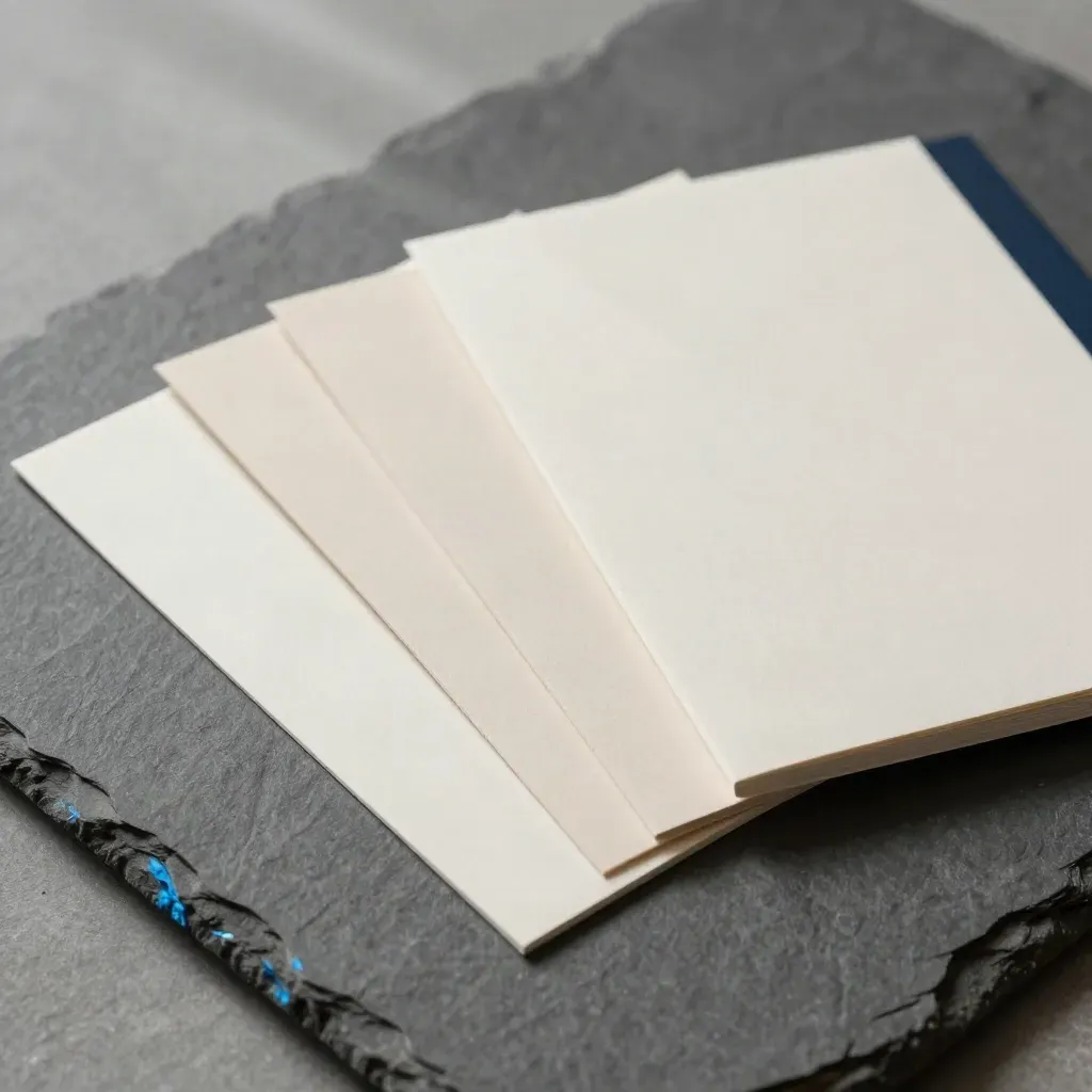 Flatlay cenital de tarjetas neutras, tiras de papel y bloc sin portada sobre piedra oscura.