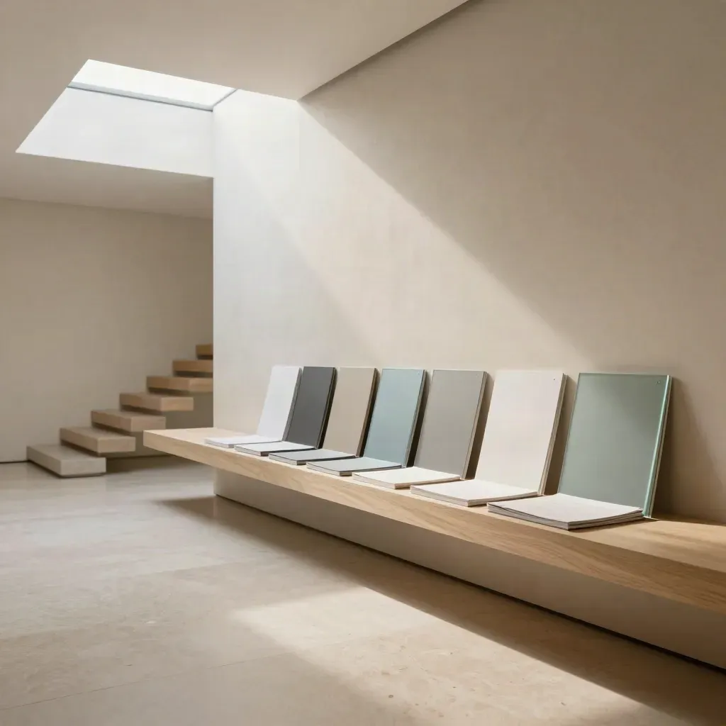 Interior moderno con escalera lejana, claraboya y suelo de piedra cálido.