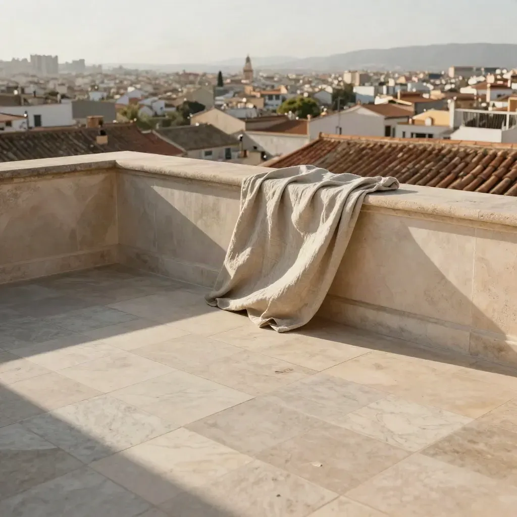 Azotea luminosa con piedra clara, brisa seca, telas neutras y ciudad difusa al atardecer