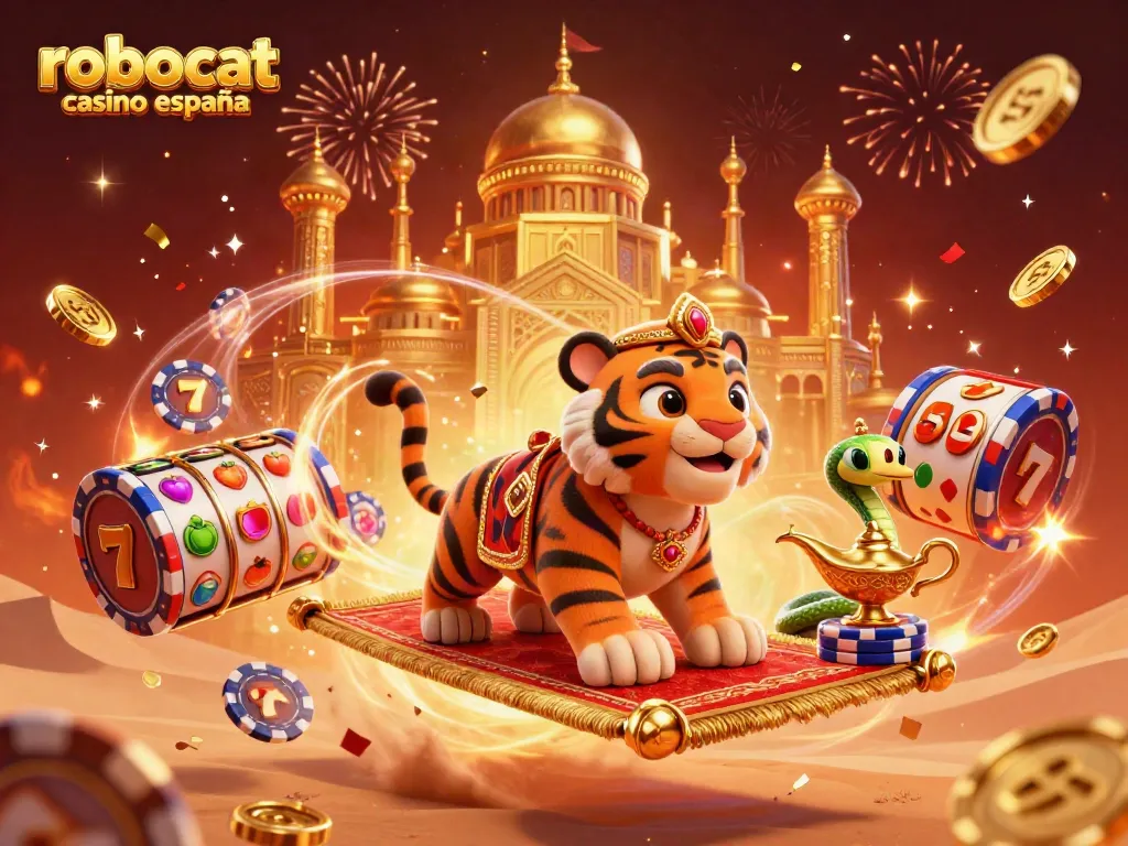 Engage with robocat casino españa, featuring a cartoon tiger sultan with an exciting casino scene.